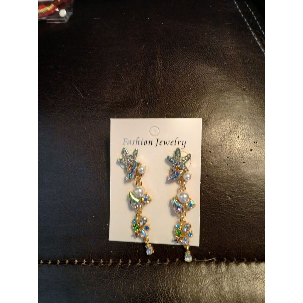 Blue Starfish, Stones, & Pearls Dangle Earrings - Picture 3 of 4